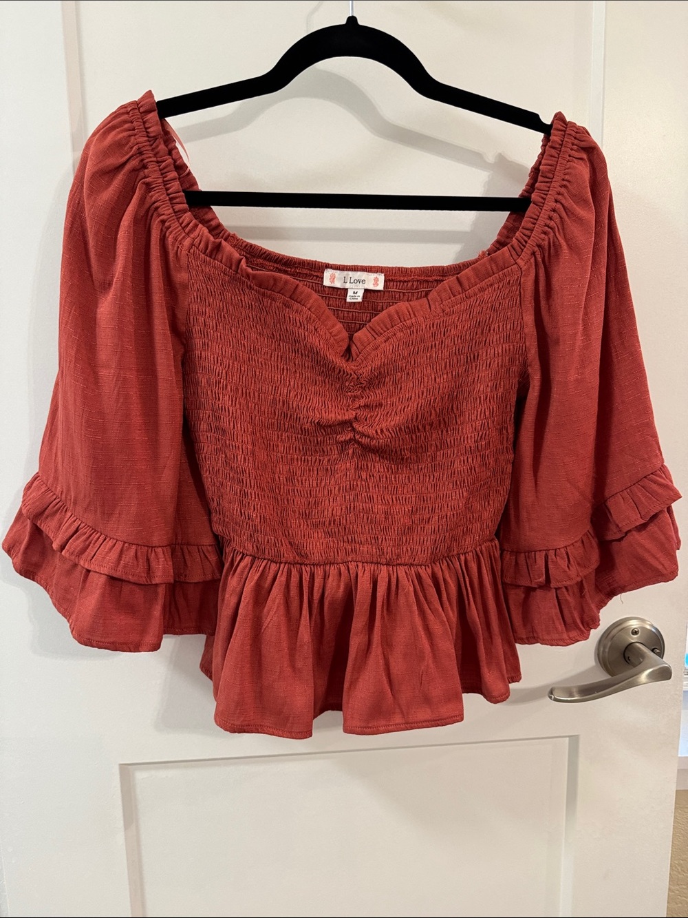 Smocked Peplum Peasant Blouse with‎ Ruffle Bell Sleeves Size M Rose Cottagecore